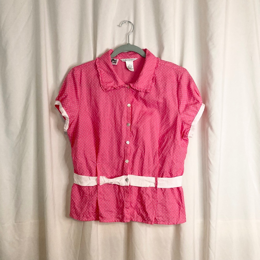 VTG 90s Irish Linen Richard Malcolm Pink Polka Dot Belted Button Down Shirt M
